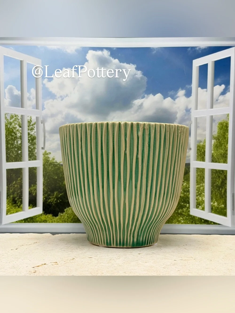 Boho Green Ribbed Ceramic Planter with Drainage Hole | Fluted Plant Pot